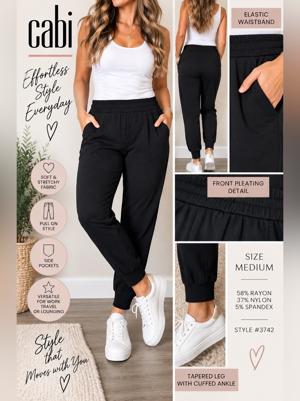 CAbi Black Jogger Pants Medium Pull On Stretch Pockets Style 3742